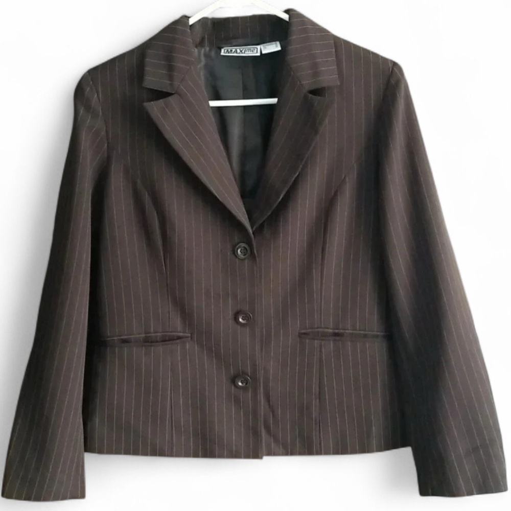 Brown Pinstripe Blazer Tailored Jacket Size Medium